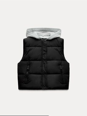 ZARA gilet Black Puffer Vest with Gray Hood